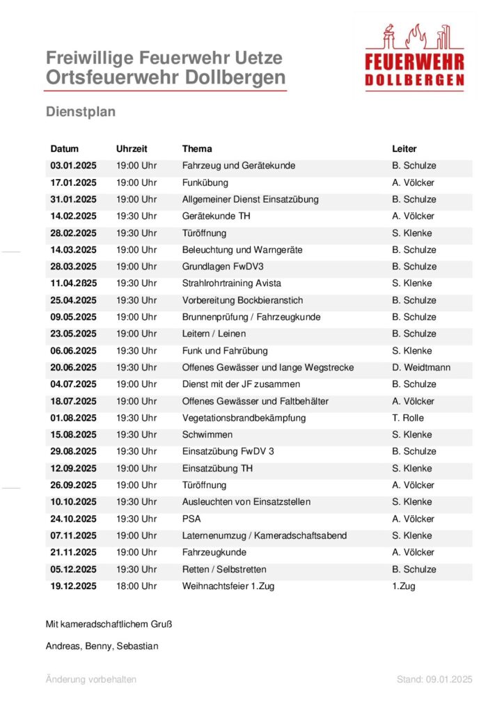 Dienstplan 1. Zug 2025